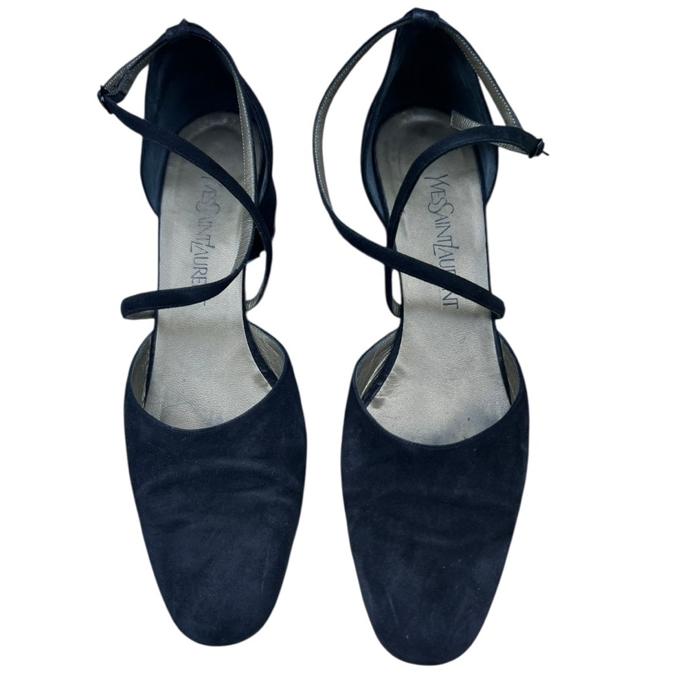 Yves Saint Laurent Black Suede Strappy Block Heel Pumps Made in Italy Womens 9M